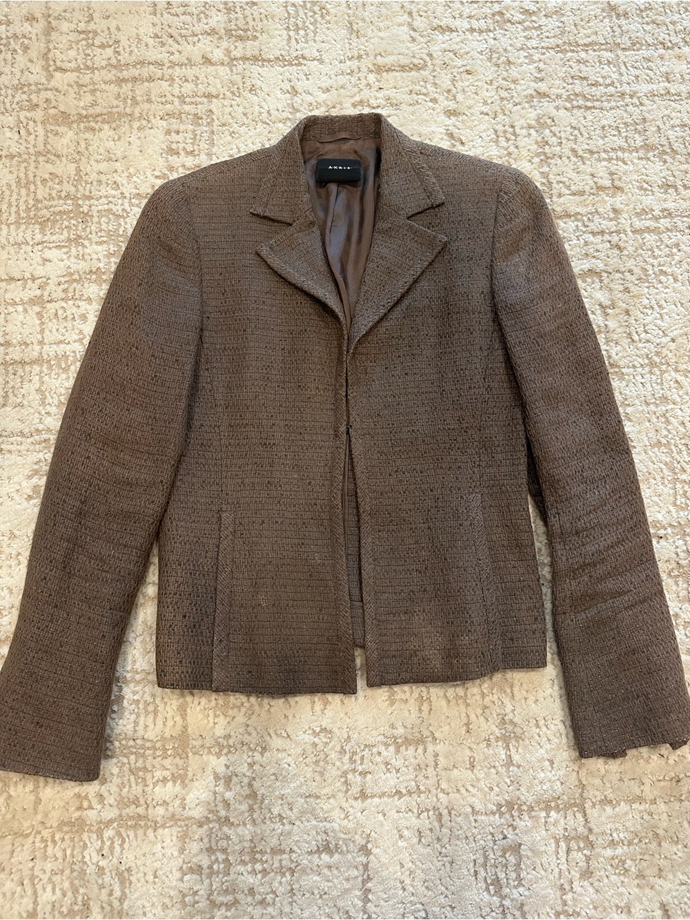 AKRIS Brown Textured Open Front Blazer Jacket Size 6 Swiss Luxury Career Wear